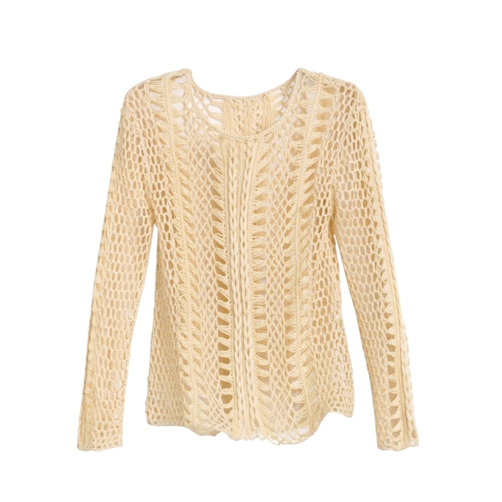 Chico's Christy Crochet Pullover Coastal Bohemian Beige Open Knit Women's Size 2